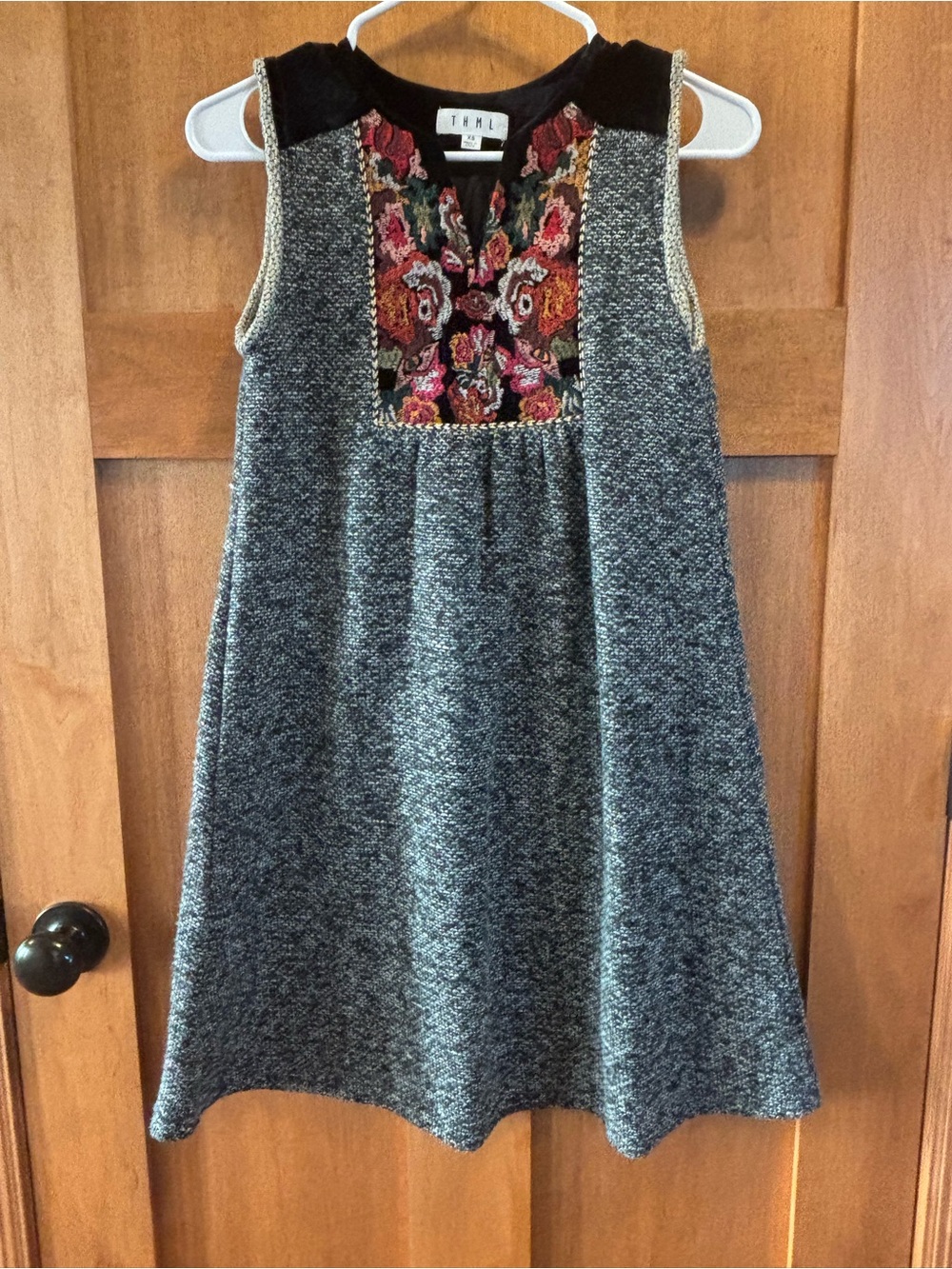 THML womenโs dress with velvet and embroidered flowers